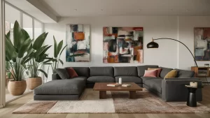 Sala com design de interiores moderno, móveis multifuncionais.