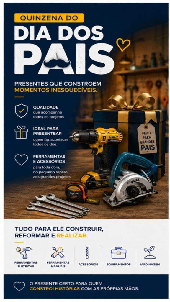 Quinzena do Dia dos Pais Construmarques. Ferramentas e Acessórios para presentar com qualidade e confiança. Acesse e confira!