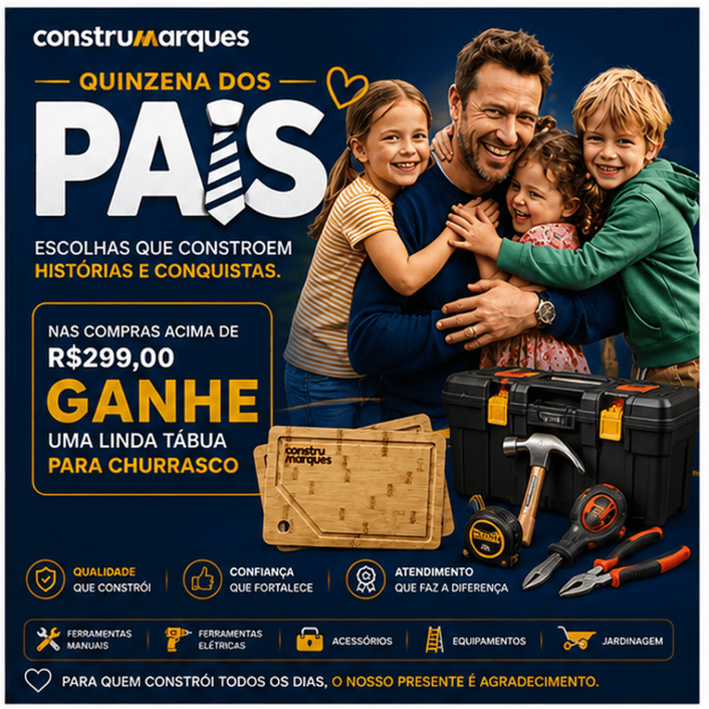 Quinzena do Dia dos Pais Construmarques. Ferramentas e acessórios para presentar com qualidade e confiança. Seja para aquele pequeno reparou ou para os grandes projetos, aqui você encontra tudo o que ele precisa.