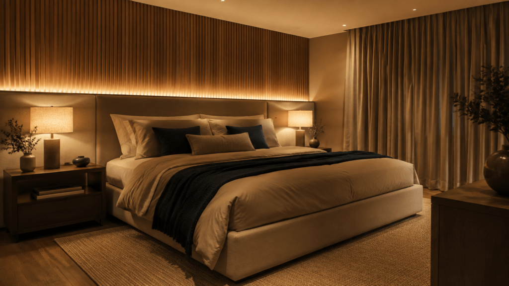 Uma iluminação aconchegante de verdade nunca depende de apenas uma fonte de luz central. Imagine um quarto com apenas uma luz forte no teto; o efeito é chapado, sem profundidade e pouco convidativo. O design de interiores moderno utiliza o conceito de “camadas de luz” (layering)